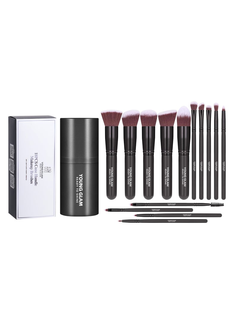 Young Glam Daily Essential Makeup Brushes 14 Pcs Brush Set, Premium Synthetic Foundation Powder Concealers Eye Shadows Makeup Brushes Black with Black Travel Case - Image 1