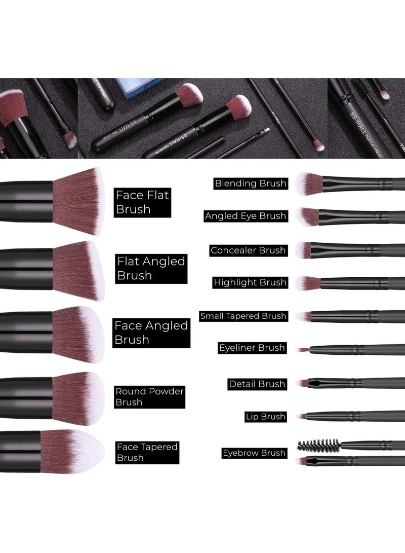 Young Glam Daily Essential Makeup Brushes 14 Pcs Brush Set, Premium Synthetic Foundation Powder Concealers Eye Shadows Makeup Brushes Black with Black Travel Case - Image 3