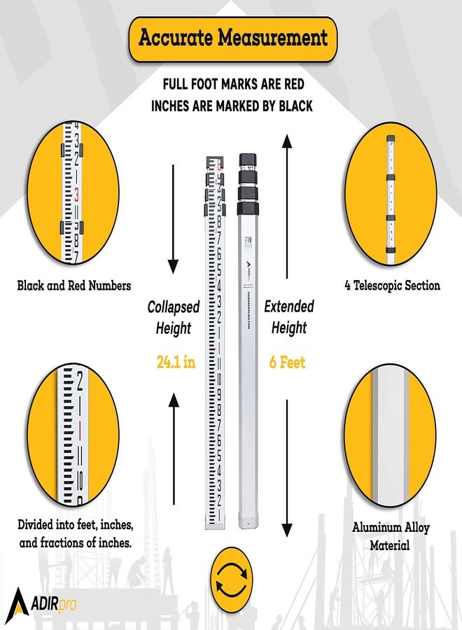 قضيب قياس تلسكوبي من أديربرو مصنوع من الألومنيوم - عصا قياس تلسكوبية فائقة الصغر مزودة بمستويات بصرية وزر قفل وأربعة أقسام تلسكوبية تأتي مع حقيبة حمل (6 أقدام - أثمان) - Image 3