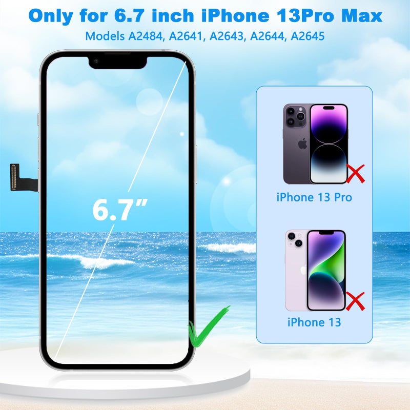 Bsz4uov لاستبدال شاشة iPhone 13 Pro Max 6.7 بوصة، شاشة LCD ثلاثية الأبعاد مع Digitizer لـ A2484، A2641، A2644، A2645، A2643 مع عدة أدوات الإصلاح + واقي شاشة + لاصق إطار مقاوم للماء - Image 4