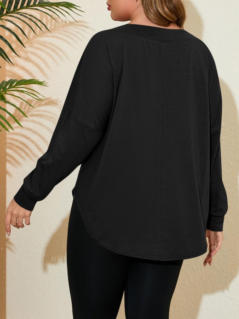 Beautife Women's Plus Size Tops Off Shoulder Long Sleeve Loose T Shirts Casual Curved Hem Tunics Tee Shirt Black - Image 4