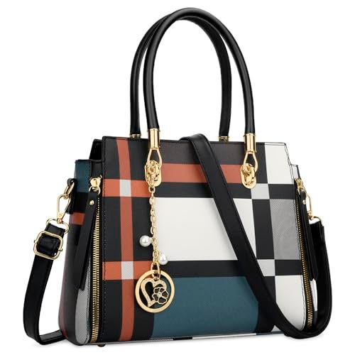 KKXIU Stylish Women Satchel Purses and Handbags Vegan Leather Top Handle Shoulder Crossbody Bag (Black Pattern) - Image 1