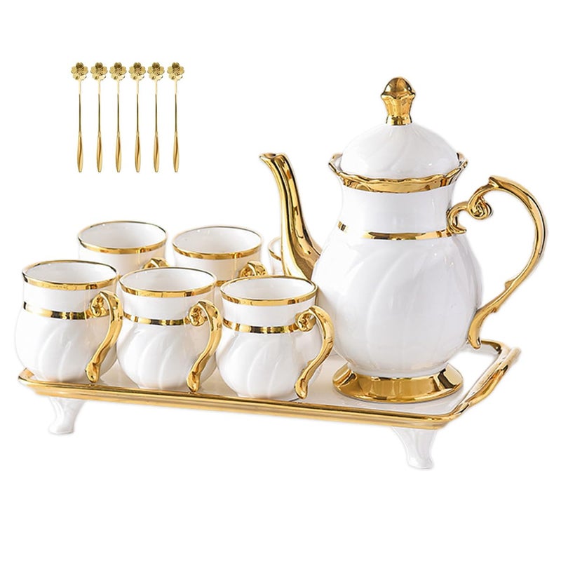 Ecentaur 14Pieces Porcelain Teapot Set Ceramic Coffee Cup Teacup with Gold Spoon Tea Party Tray Holder Gift Sets - Image 2