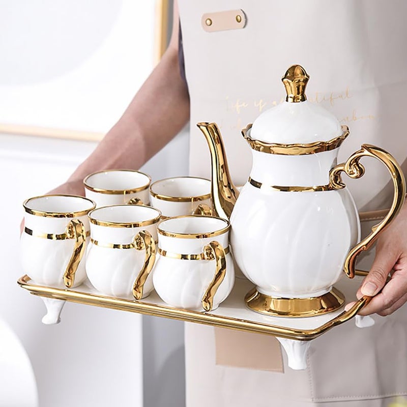 Ecentaur 14Pieces Porcelain Teapot Set Ceramic Coffee Cup Teacup with Gold Spoon Tea Party Tray Holder Gift Sets - Image 3