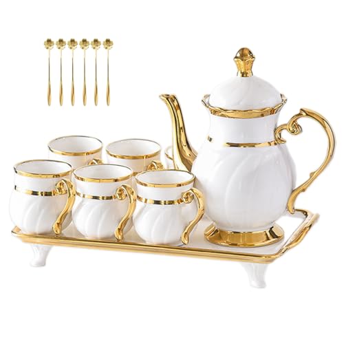 Ecentaur 14Pieces Porcelain Teapot Set Ceramic Coffee Cup Teacup with Gold Spoon Tea Party Tray Holder Gift Sets - Image 1