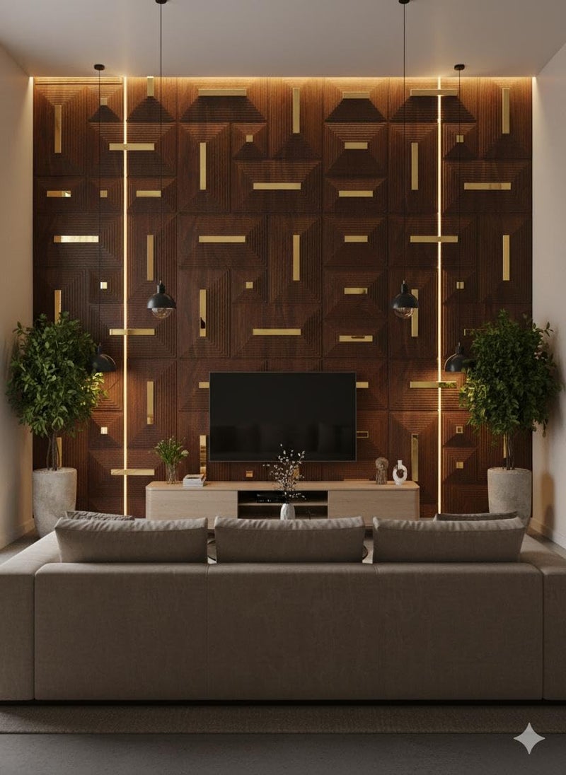 ASKCREW 3D PVC Wall Panel with Premium Wooden Texture & Golden Inlay Modern Designer Wall Décor for Living Room, Bedroom & Office Interior, cafes (50x50 cm) (Cover Area 2.7 feet) - Image 3