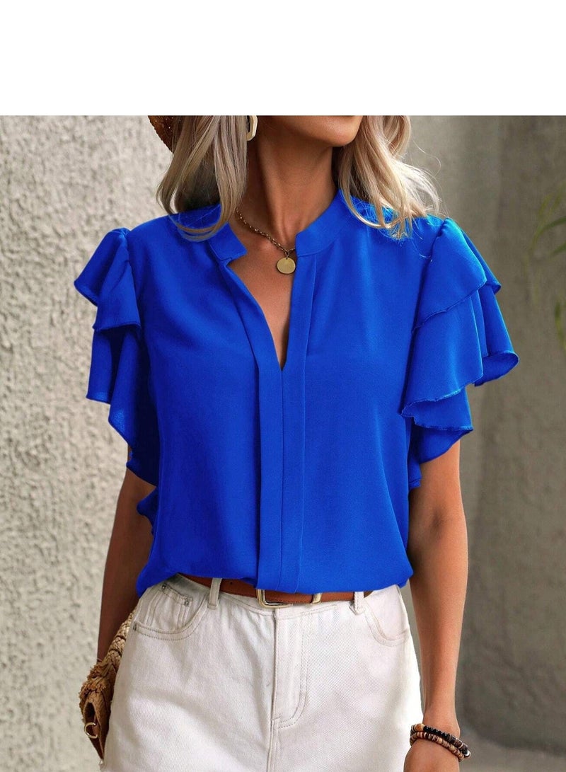 Shougu New V-neck Casual Solid Color Shirt Top  - Image 4