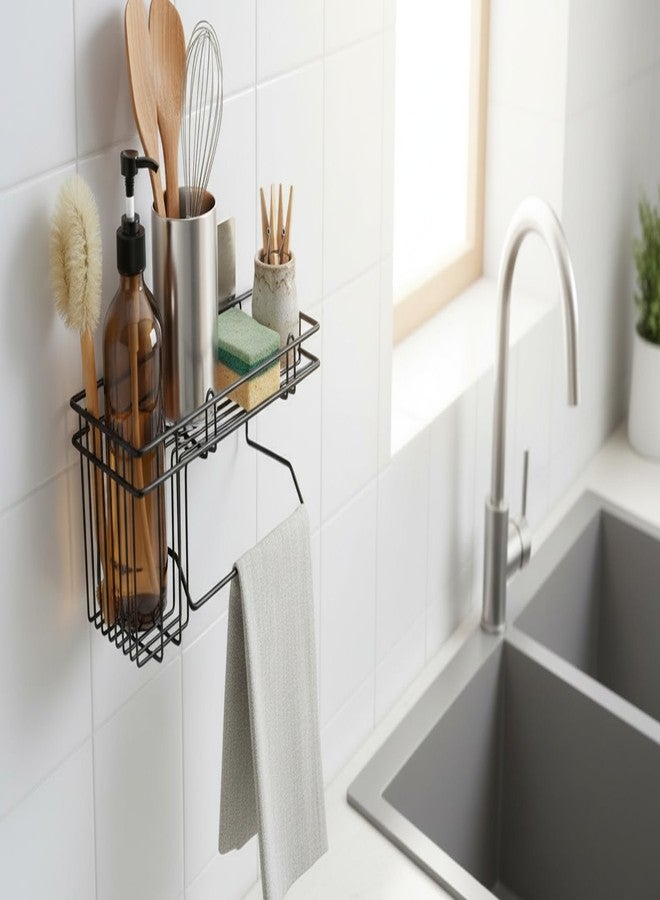 KYMIO Bathroom Wall Shelf with Toothbrush Holder & Towel Rack | Metal Caddy Organizer with Adhesive Mount | Toothpaste Holder, Shampoo & Soap Storage Rack for Bathroom & Kitchen (Black) - Image 3