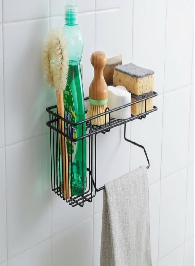 KYMIO Bathroom Wall Shelf with Toothbrush Holder & Towel Rack | Metal Caddy Organizer with Adhesive Mount | Toothpaste Holder, Shampoo & Soap Storage Rack for Bathroom & Kitchen (Black) - Image 1