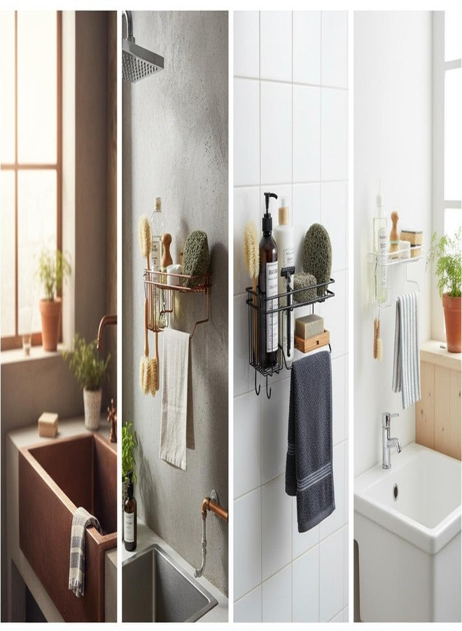 KYMIO Bathroom Wall Shelf with Toothbrush Holder & Towel Rack | Metal Caddy Organizer with Adhesive Mount | Toothpaste Holder, Shampoo & Soap Storage Rack for Bathroom & Kitchen (Black) - Image 2