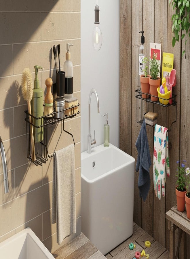 KYMIO Bathroom Wall Shelf with Toothbrush Holder & Towel Rack | Metal Caddy Organizer with Adhesive Mount | Toothpaste Holder, Shampoo & Soap Storage Rack for Bathroom & Kitchen (Black) - Image 4