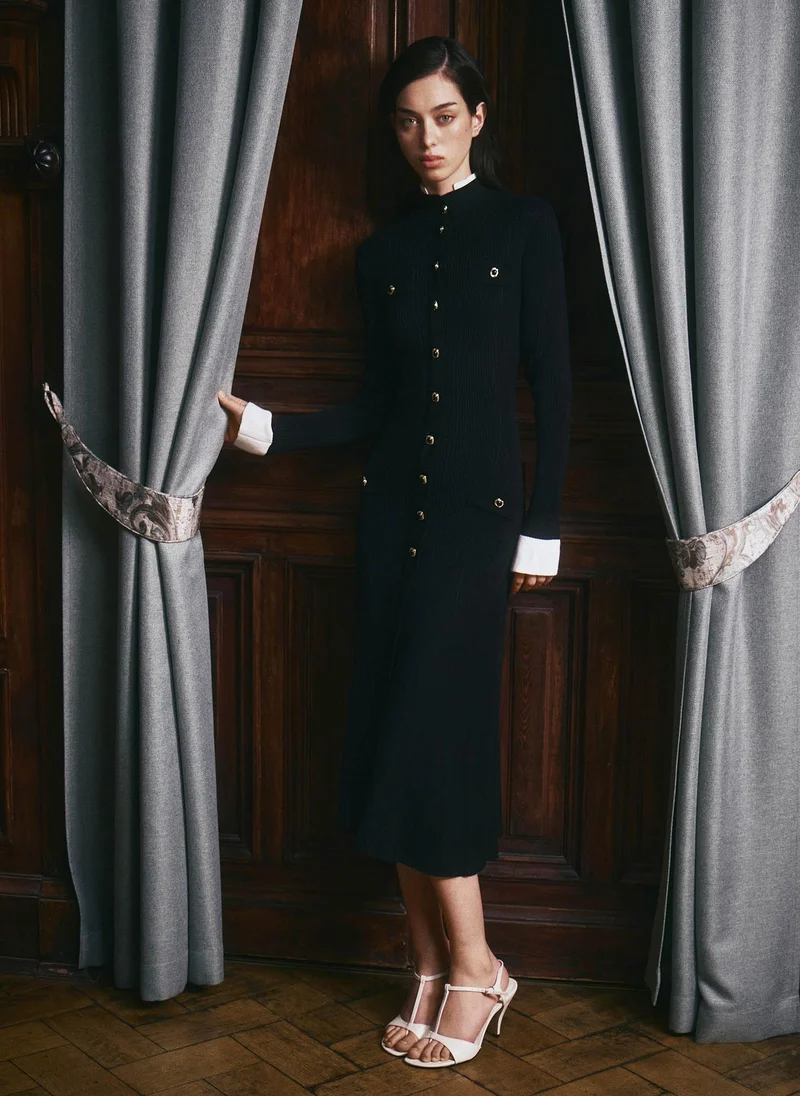 Rib-knit midi dress with contrasting details