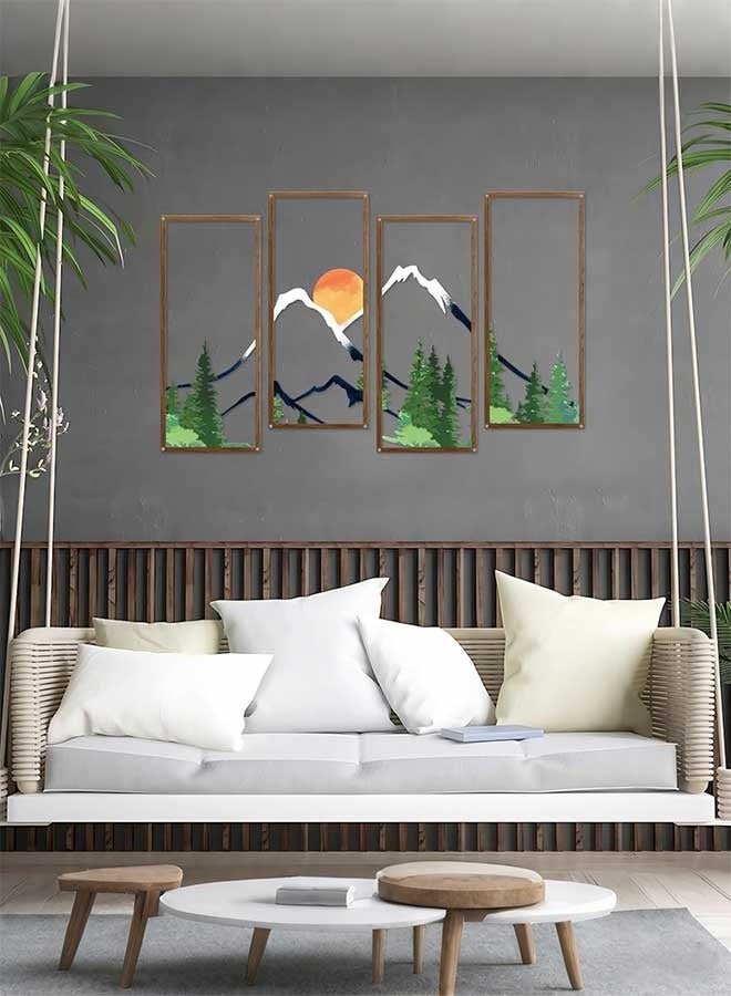 رَوَائِد ديكور جدار معدني مكون من 4 قطع – غروب الشمس وجبال الغابة  ديكور معدني للجدار بتصميم جبال وغابة عند الغروب، مع خطوط جبلية، فن تجريدي وبسيط، تمثال جداري مينيمالي، ديكور طبيعي ريفي، مثالي للمنزل، المكتب، الحمّام، غرفة النوم وغرفة المعيشة. - Image 2