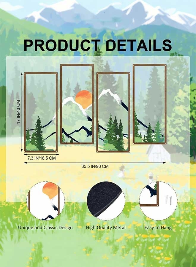 رَوَائِد ديكور جدار معدني مكون من 4 قطع – غروب الشمس وجبال الغابة  ديكور معدني للجدار بتصميم جبال وغابة عند الغروب، مع خطوط جبلية، فن تجريدي وبسيط، تمثال جداري مينيمالي، ديكور طبيعي ريفي، مثالي للمنزل، المكتب، الحمّام، غرفة النوم وغرفة المعيشة. - Image 4
