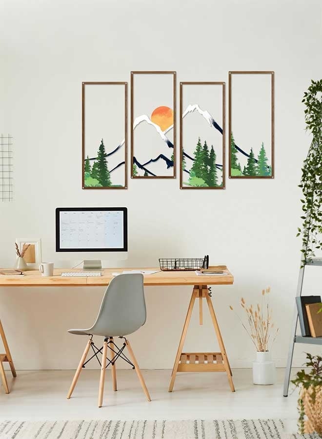 رَوَائِد ديكور جدار معدني مكون من 4 قطع – غروب الشمس وجبال الغابة  ديكور معدني للجدار بتصميم جبال وغابة عند الغروب، مع خطوط جبلية، فن تجريدي وبسيط، تمثال جداري مينيمالي، ديكور طبيعي ريفي، مثالي للمنزل، المكتب، الحمّام، غرفة النوم وغرفة المعيشة. - Image 5