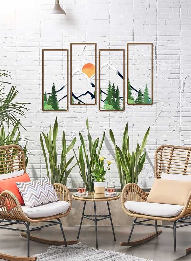 رَوَائِد ديكور جدار معدني مكون من 4 قطع – غروب الشمس وجبال الغابة  ديكور معدني للجدار بتصميم جبال وغابة عند الغروب، مع خطوط جبلية، فن تجريدي وبسيط، تمثال جداري مينيمالي، ديكور طبيعي ريفي، مثالي للمنزل، المكتب، الحمّام، غرفة النوم وغرفة المعيشة. - Image 3