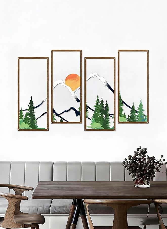 رَوَائِد ديكور جدار معدني مكون من 4 قطع – غروب الشمس وجبال الغابة  ديكور معدني للجدار بتصميم جبال وغابة عند الغروب، مع خطوط جبلية، فن تجريدي وبسيط، تمثال جداري مينيمالي، ديكور طبيعي ريفي، مثالي للمنزل، المكتب، الحمّام، غرفة النوم وغرفة المعيشة. - Image 1