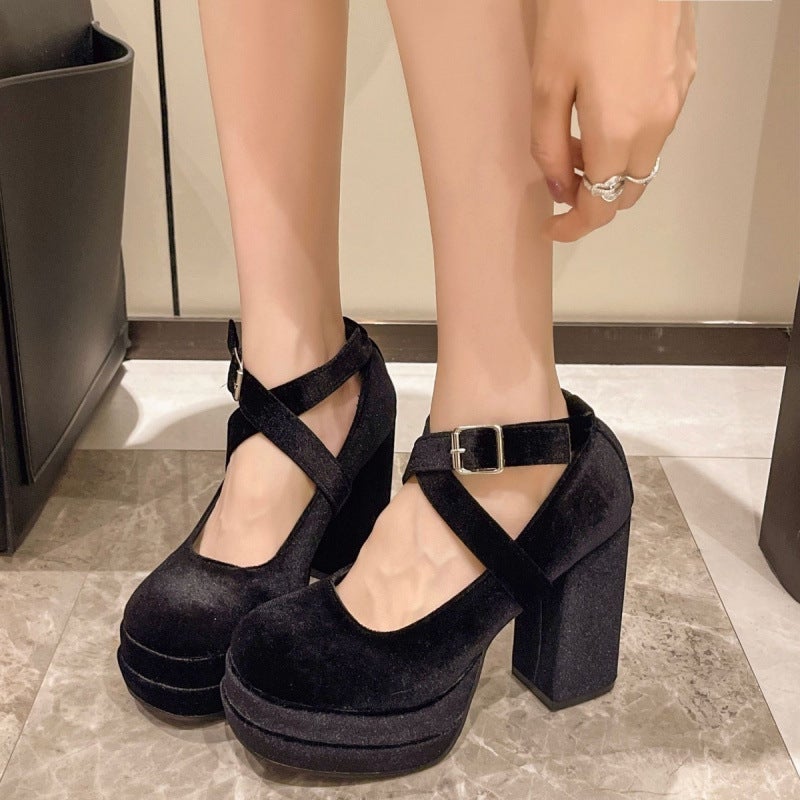 High Heel Mary Jane Shoes Pink French Wedding Shoes Retro Thick Heel Thick Sole Height Increasing Mary Jane Shoes - Image 1