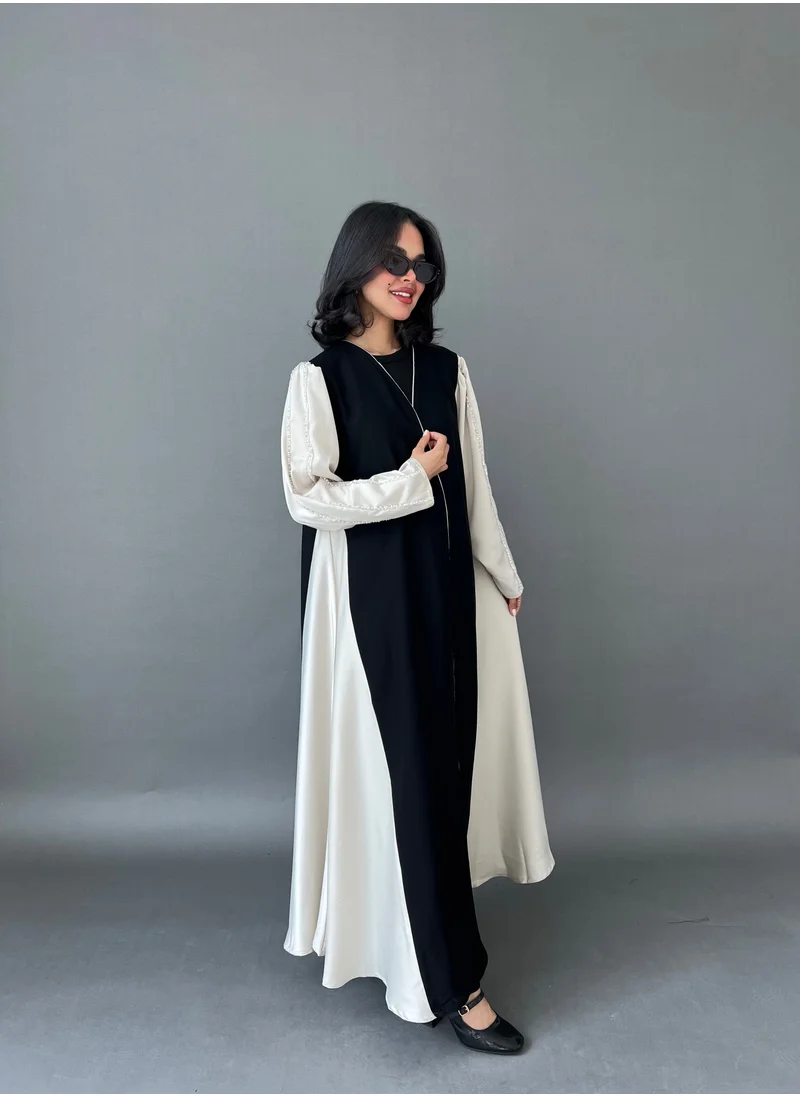 Lusin Abaya Black Abaya with Beige Sleeves & Sides and Beading on Shoulder