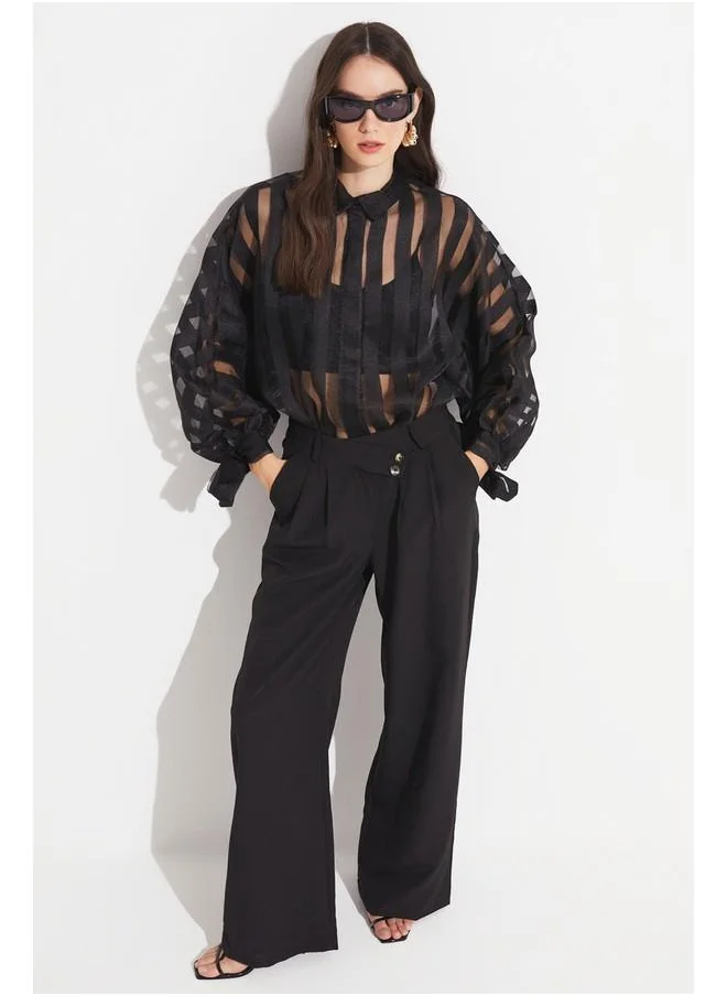 جون June Women Exclusive Regular Normal Fit Balloon Sleeve Black Transparent Stripe Detailed Shirt Black