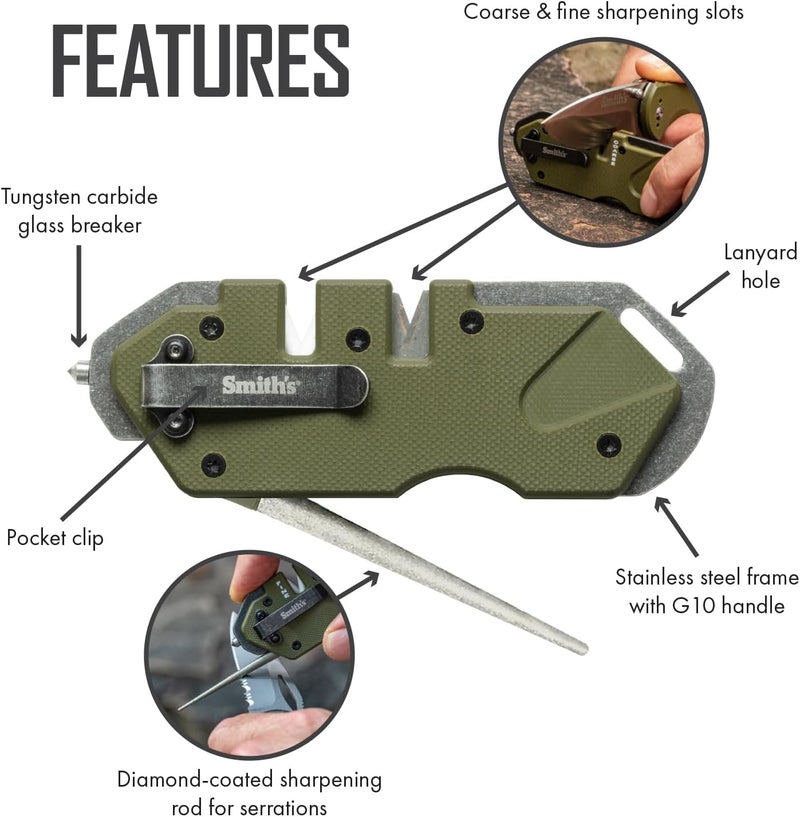 Smiths Smith’s 50981 Pocket Pal Tactical Knife Sharpener - OD Green - 2 Stage Sharpener & Diamond Sharpening Rod - Pocket Clip - Outdoor Hunting Knife & Hook Sharpener - Compact & Lightweight - Image 3