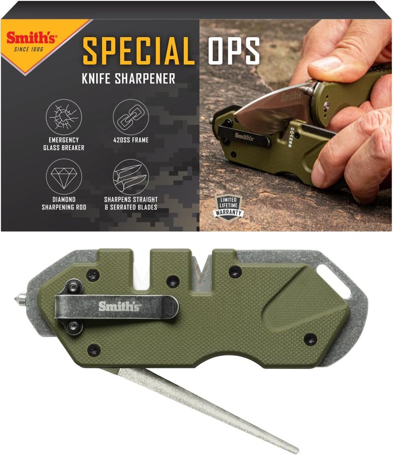 Smiths Smith’s 50981 Pocket Pal Tactical Knife Sharpener - OD Green - 2 Stage Sharpener & Diamond Sharpening Rod - Pocket Clip - Outdoor Hunting Knife & Hook Sharpener - Compact & Lightweight - Image 1