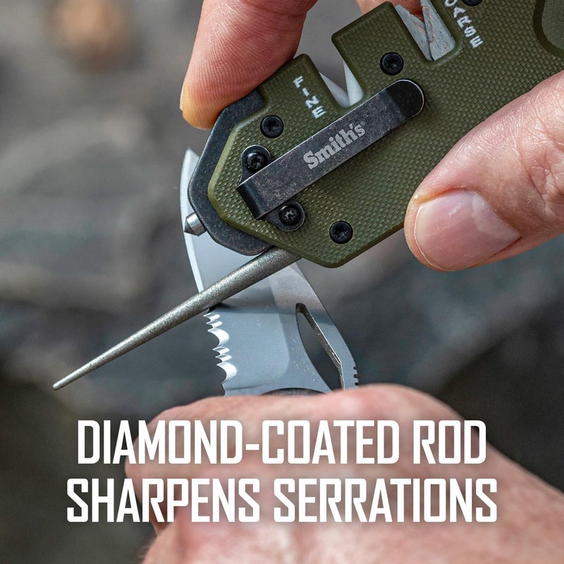 Smiths Smith’s 50981 Pocket Pal Tactical Knife Sharpener - OD Green - 2 Stage Sharpener & Diamond Sharpening Rod - Pocket Clip - Outdoor Hunting Knife & Hook Sharpener - Compact & Lightweight - Image 4