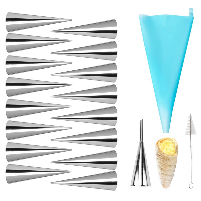 Joyeee 16 Pack Stainless Steel Cream Horn Molds Mini With Piping Bags Reusable Cream Icing Piping Nozzle Tip Long and Cleaning Nozzle Brush Baking Accessories Decorating Tool 34 Inch