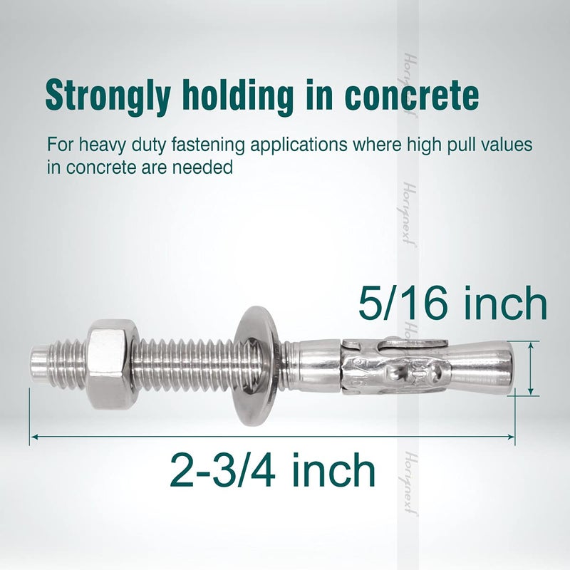 Horiznext 5/16"x 2-3/4" inch Stainless Steel Standard Strong Wedge Anchor, Fasteners for Concrete (4 pcs) - Image 2