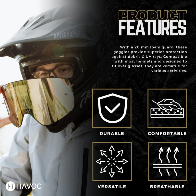 Havoc Racing نظارات هافوك ريسينغ المغناطيسية بدون إطار - لسباقات الموتوكروس، وركوب الدراجات الترابية، والتزلج على الثلج، والدراجات الرباعية، وUTV - نظارات مضادة للضباب مع حجب الأشعة فوق البنفسجية (هامرهيد) - Image 4