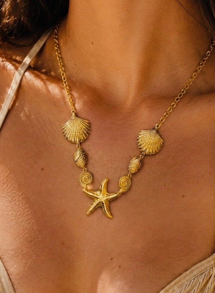 Women's Stainless Steel Starfish & Seashell Necklace – Gold Ocean-Inspired Statement Necklace – Waterproof, Tarnish Resistant & Adjustable - Image 1