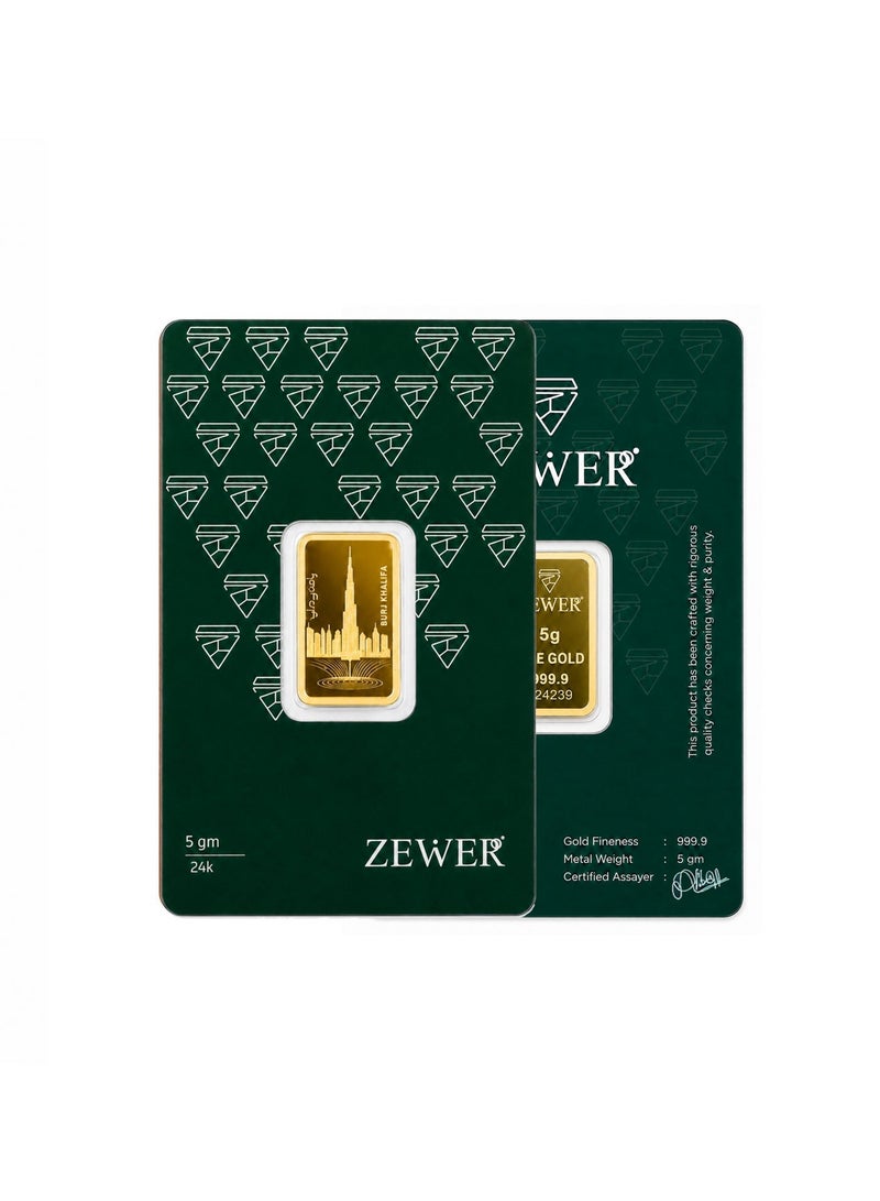 Zewer 5g 24K 999.9 Fine Gold Bar with Burj Khalifa Design - Image 3
