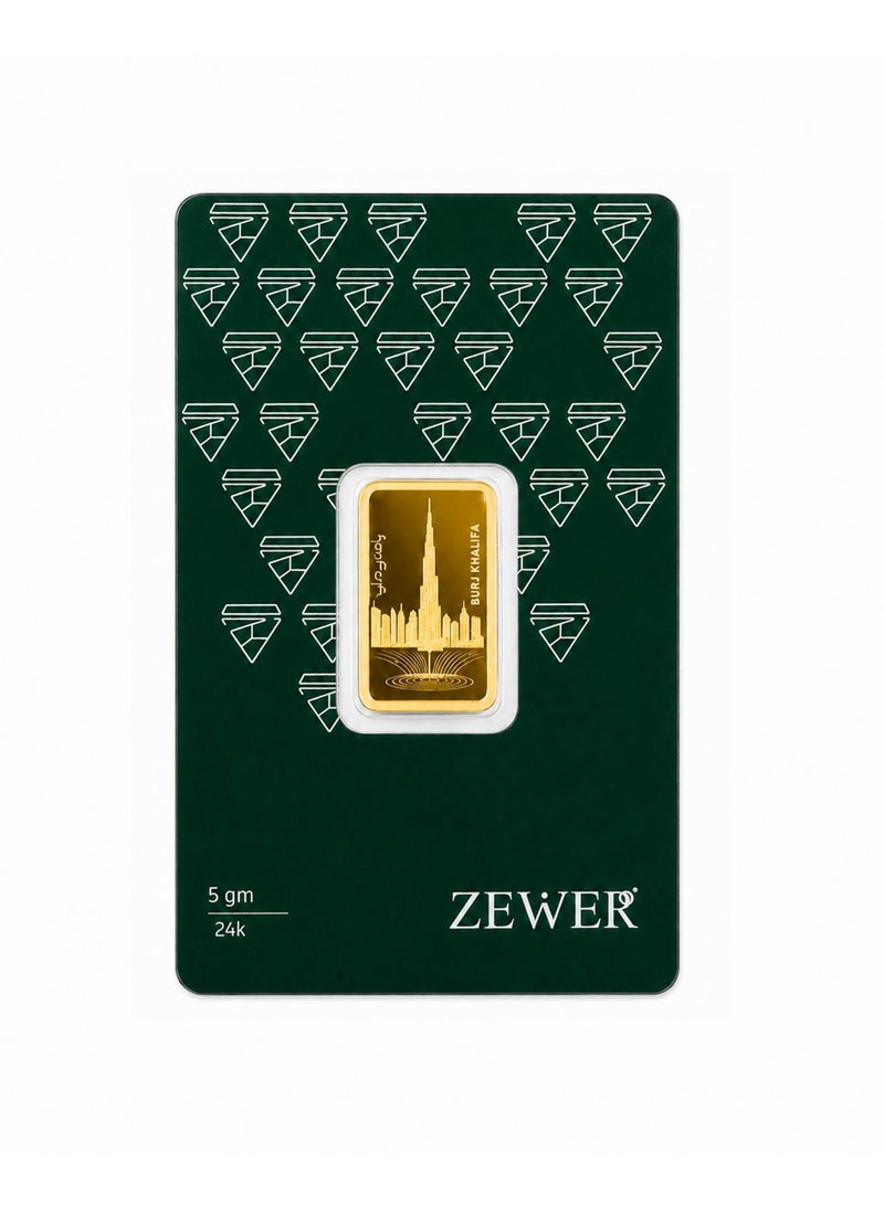 Zewer 5g 24K 999.9 Fine Gold Bar with Burj Khalifa Design - Image 2