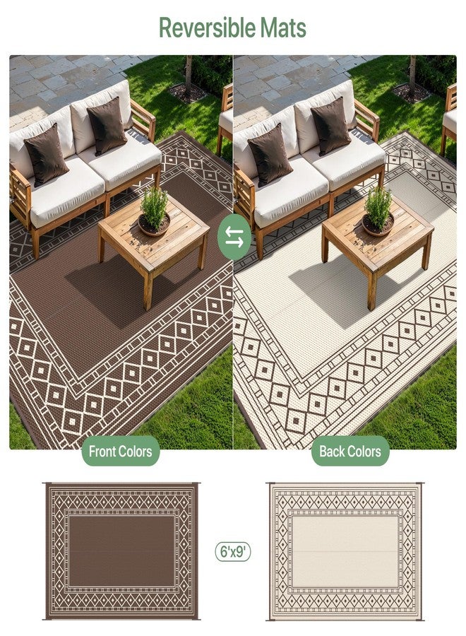 GENIMO سجادة خارجية مقاومة للماء من جينيمو لتزيين الفناء، قابلة للطي والاستخدام على الوجهين، مصنوعة من القش البلاستيكي، مقاس 6 × 9 أقدام، مناسبة للمقطورات السياحية، وسجادة خارجية للمركبات الترفيهية، والشرفات، والنزهات، والباحات، والمخيمات، والشواطئ، باللونين البني والبيج. - Image 4