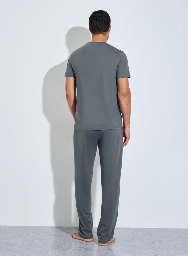 Styli  Men Grey Slogan Print Top and Solid Pants Pyjama Set for Men | Best Price UAE