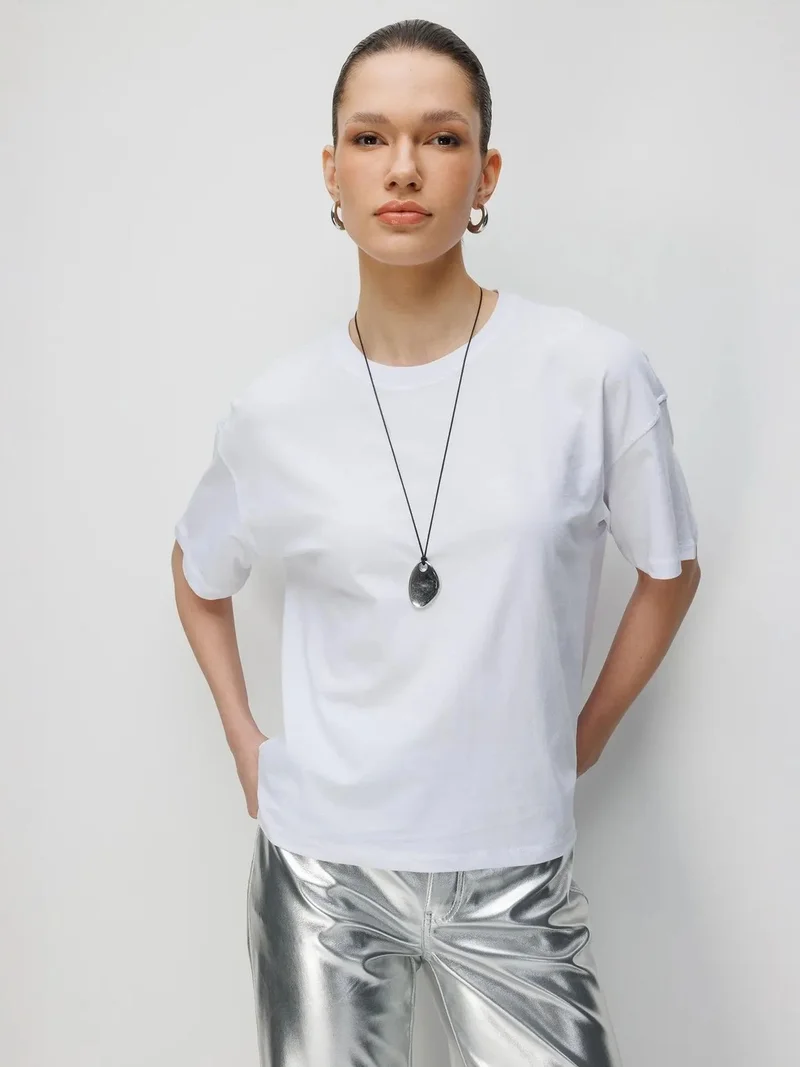 Mixray White MIXRAY Oversized Crew Neck Plain T-Shirt with Slit for Women | Best Price UAE