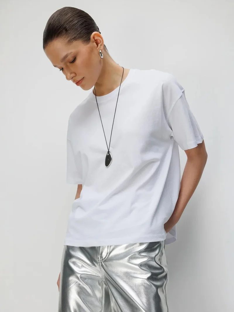 Mixray White MIXRAY Oversized Crew Neck Plain T-Shirt with Slit for Women | Best Price UAE