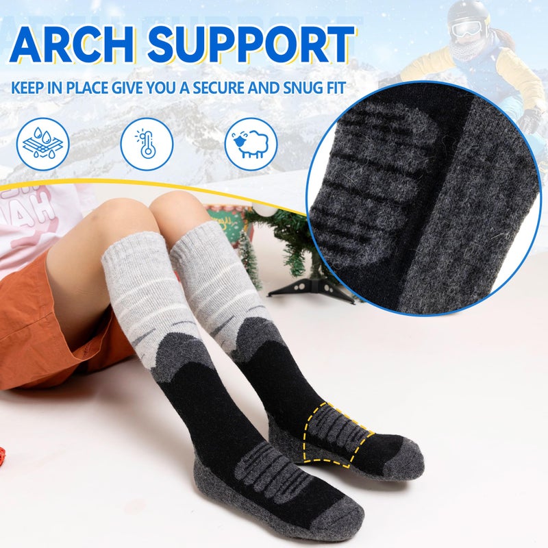 SeeyAN Kids Merino Wool Ski Socks Boys Girls Thermal Warm Boot Thick Winter 3 Pairs Cozy Socks For Skiing & Snowboarding (Black/Grey/Dark Grey, 8-12 Years) - Image 3