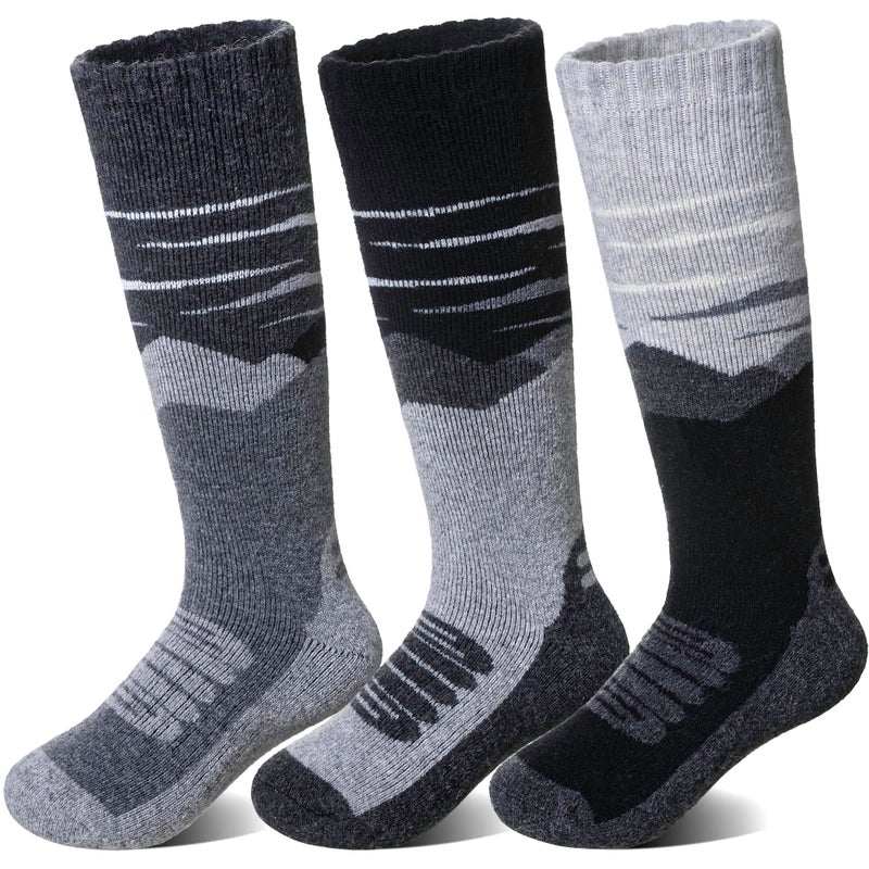 SeeyAN Kids Merino Wool Ski Socks Boys Girls Thermal Warm Boot Thick Winter 3 Pairs Cozy Socks For Skiing & Snowboarding (Black/Grey/Dark Grey, 8-12 Years) - Image 1