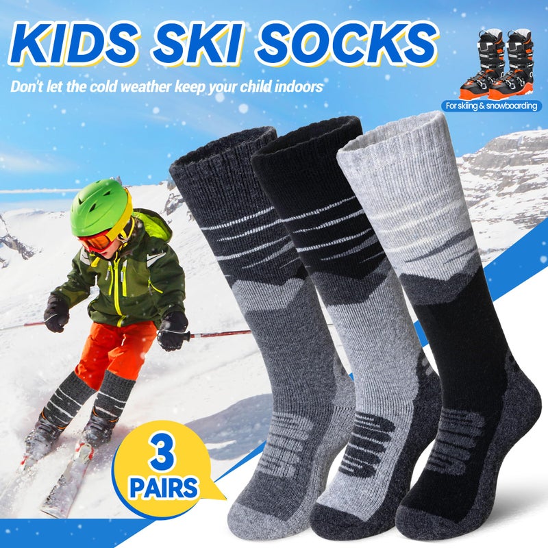 SeeyAN Kids Merino Wool Ski Socks Boys Girls Thermal Warm Boot Thick Winter 3 Pairs Cozy Socks For Skiing & Snowboarding (Black/Grey/Dark Grey, 8-12 Years) - Image 5