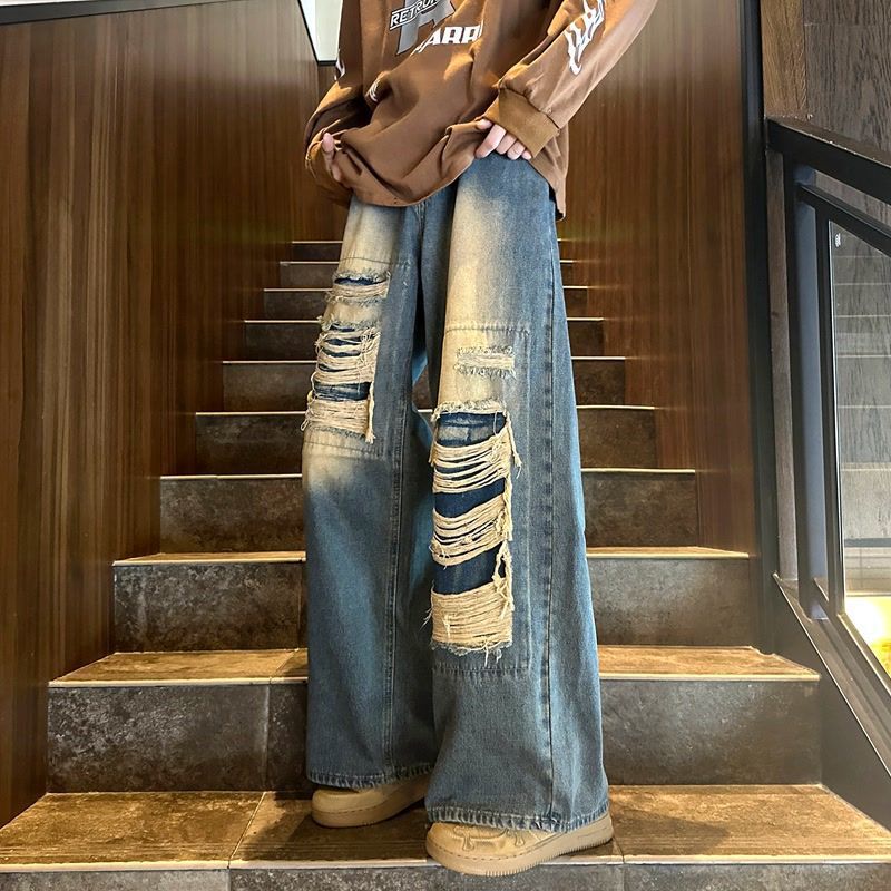 American Retro Ripped Jeans Men'S Autumn Ripped Street Straight-Leg Loose Wide-Leg Pants - Image 1