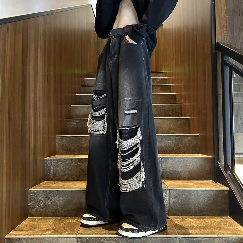 American Retro Ripped Jeans Men'S Autumn Ripped Street Straight-Leg Loose Wide-Leg Pants - Image 2