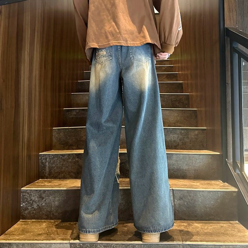 American Retro Ripped Jeans Men'S Autumn Ripped Street Straight-Leg Loose Wide-Leg Pants - Image 4