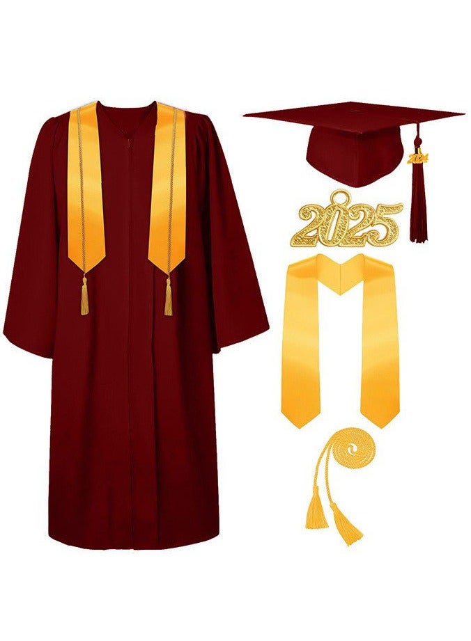 Loquat Middle High School College Graduation Gown Robe With Cap Wine Red