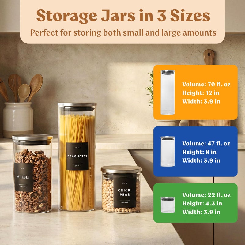 EDELHAUS Glass Storage Containers with Stainless Steel Lids [Extra Thick Glas] with 54 Labels - Canister For Pantry Noodles Flour Cereal Rice Sugar Tea Coffee Beans - Round Set of 5x - Image 2