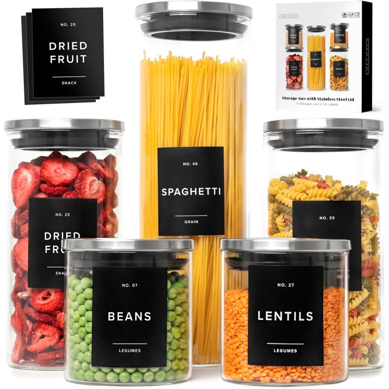 EDELHAUS Glass Storage Containers with Stainless Steel Lids [Extra Thick Glas] with 54 Labels - Canister For Pantry Noodles Flour Cereal Rice Sugar Tea Coffee Beans - Round Set of 5x - Image 1