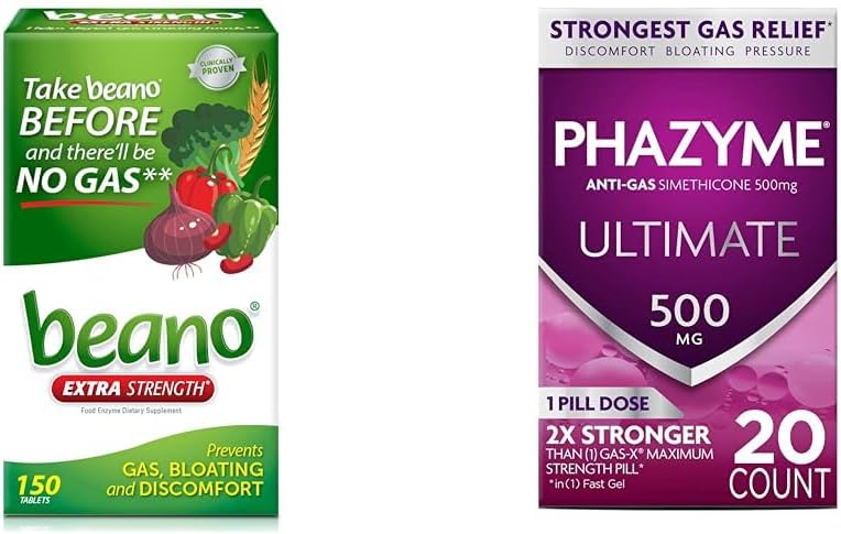Beano Food Enzyme Dietary Supplement  Help Digest GasCausing Foods  150 Tablets  Phazyme Ultimate Gas Bloating Relief Works in Minutes 500 mg Simethicone Fast Gels 20 Count - Image 1