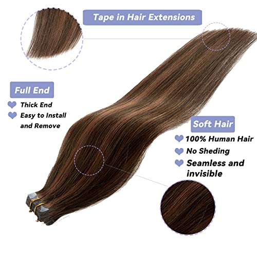 Smavida Highlighted Tape in Hair Extensions Medium Brown with Medium Auburn Mixed 100 Real Human Hair Extensions Tape ins Seamless Silky Straight Brown Highlights Hair Extensions 20Inch 50grams20pcs - Image 5