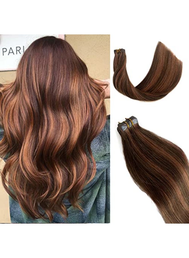 Smavida Highlighted Tape in Hair Extensions Medium Brown with Medium Auburn Mixed 100 Real Human Hair Extensions Tape ins Seamless Silky Straight Brown Highlights Hair Extensions 20Inch 50grams20pcs - Image 1