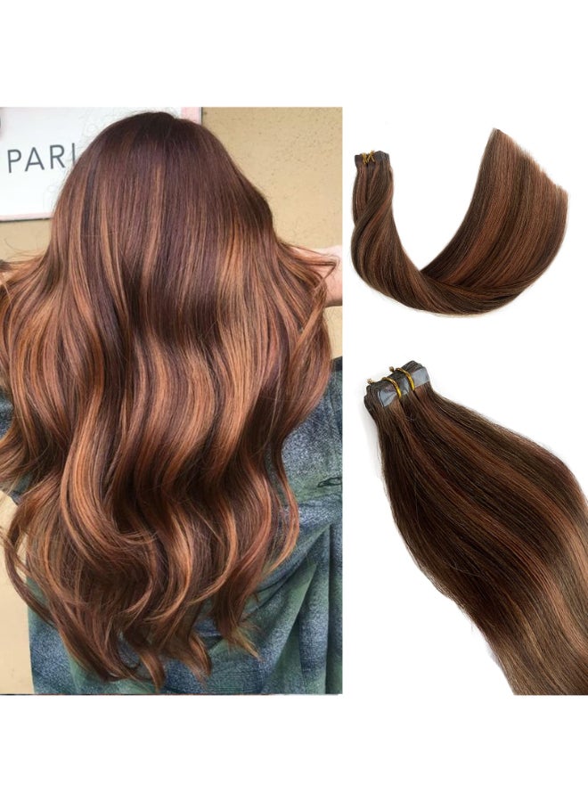 Smavida Highlighted Tape in Hair Extensions Medium Brown with Medium Auburn Mixed 100 Real Human Hair Extensions Tape ins Seamless Silky Straight Brown Highlights Hair Extensions 20Inch 50grams20pcs - Image 3